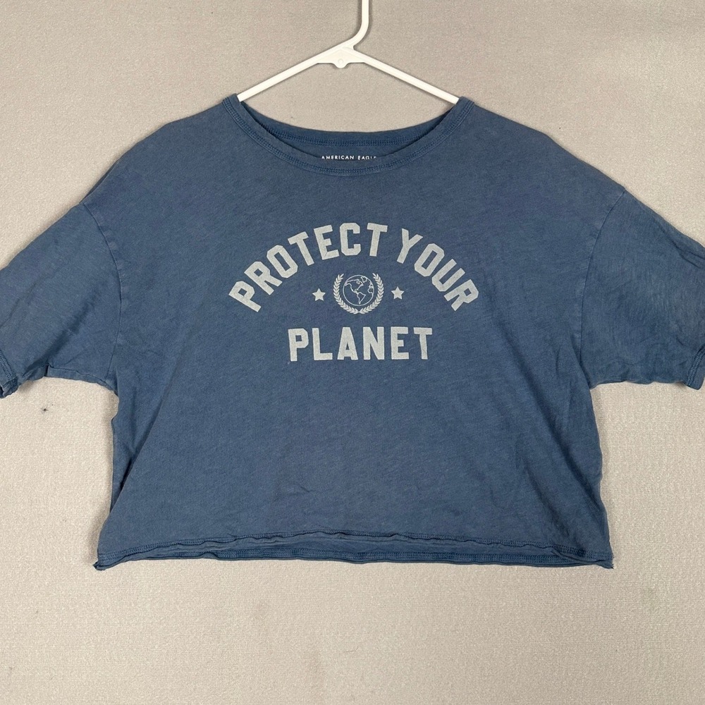 American Eagle T-Shirt Womens XS Graphic Crop Top Blue Protect Your Planet EUC